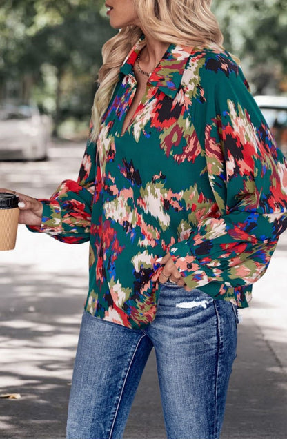 Multicolor Abstract Print Split V Neck Blouse