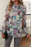 Abstract Floral Print Ruffle Neck Blouse