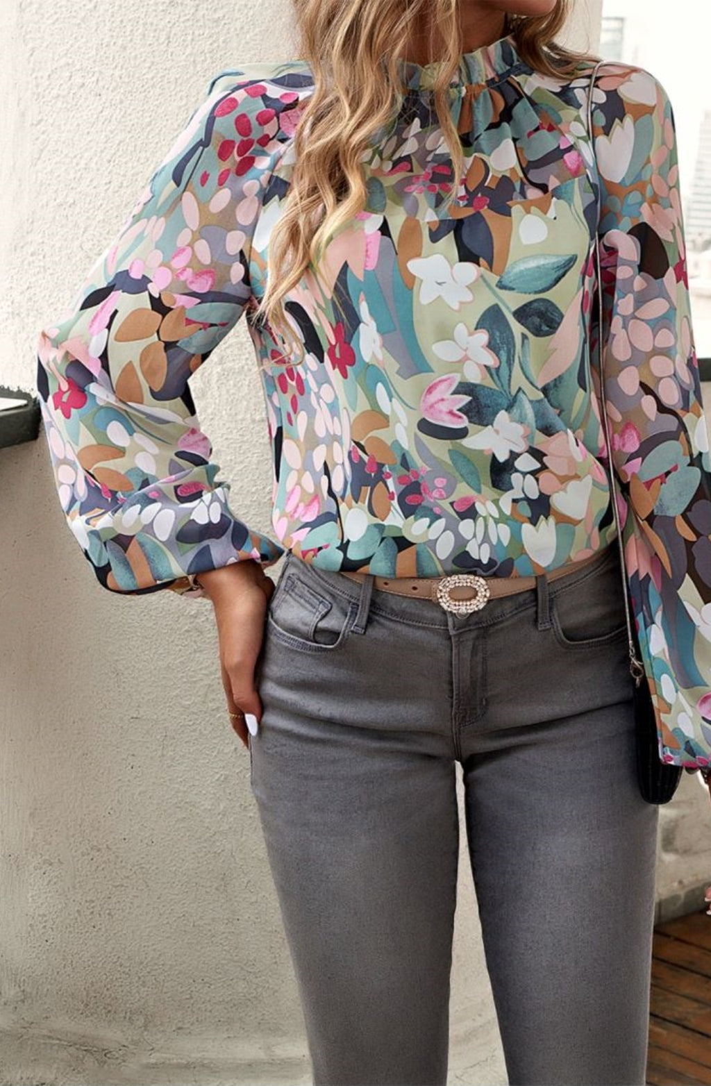 Abstract Floral Print Ruffle Neck Blouse