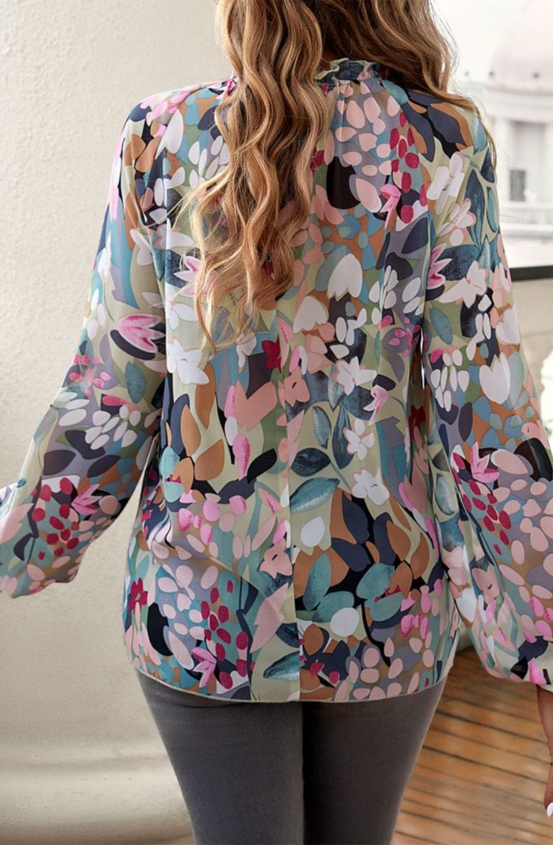 Abstract Floral Print Ruffle Neck Blouse