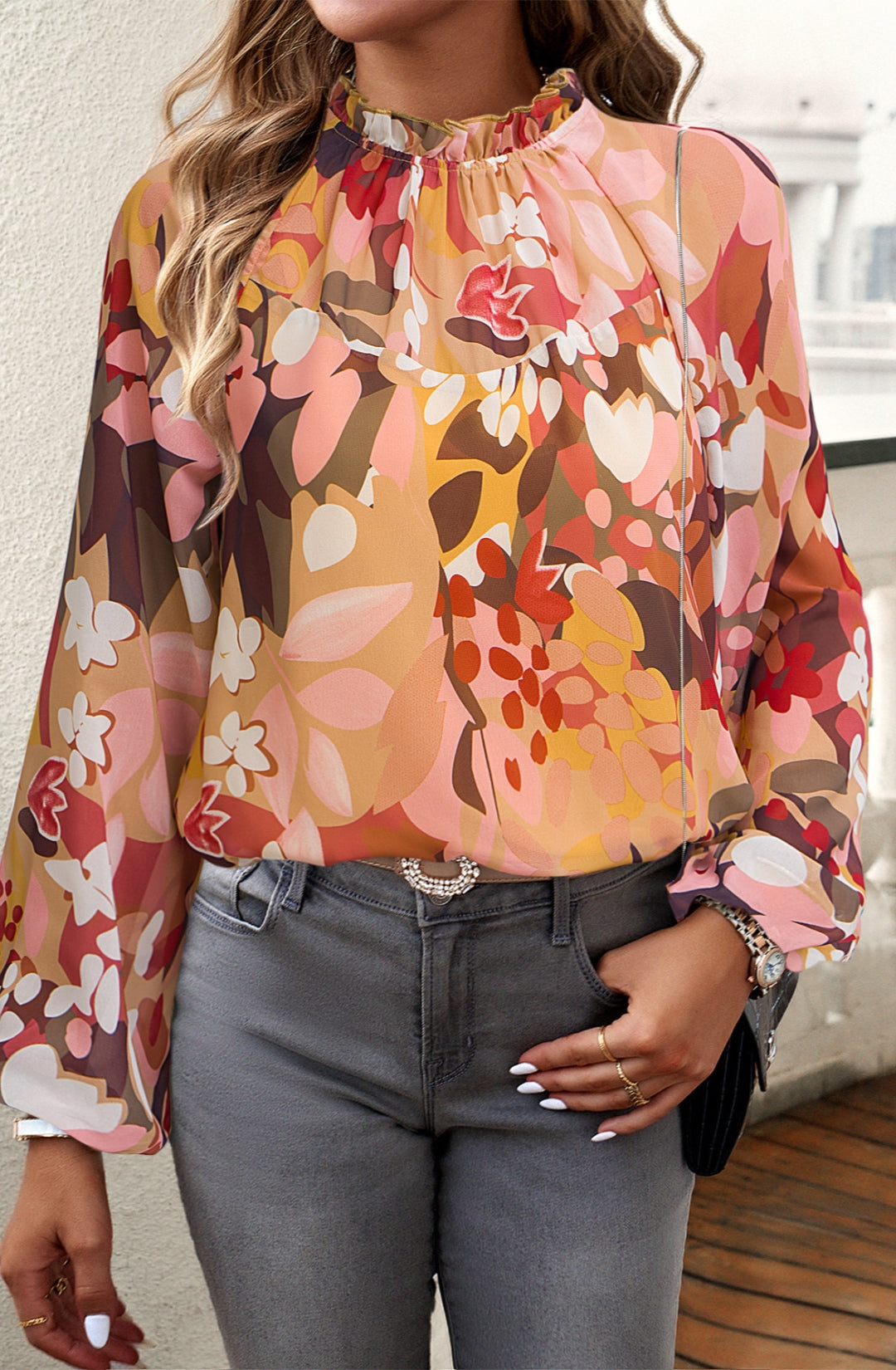 Abstract Floral Print Ruffle Neck Blouse