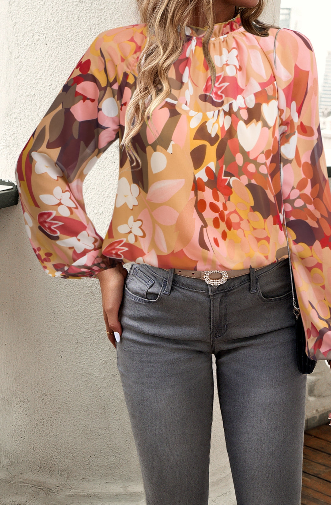 Abstract Floral Print Ruffle Neck Blouse