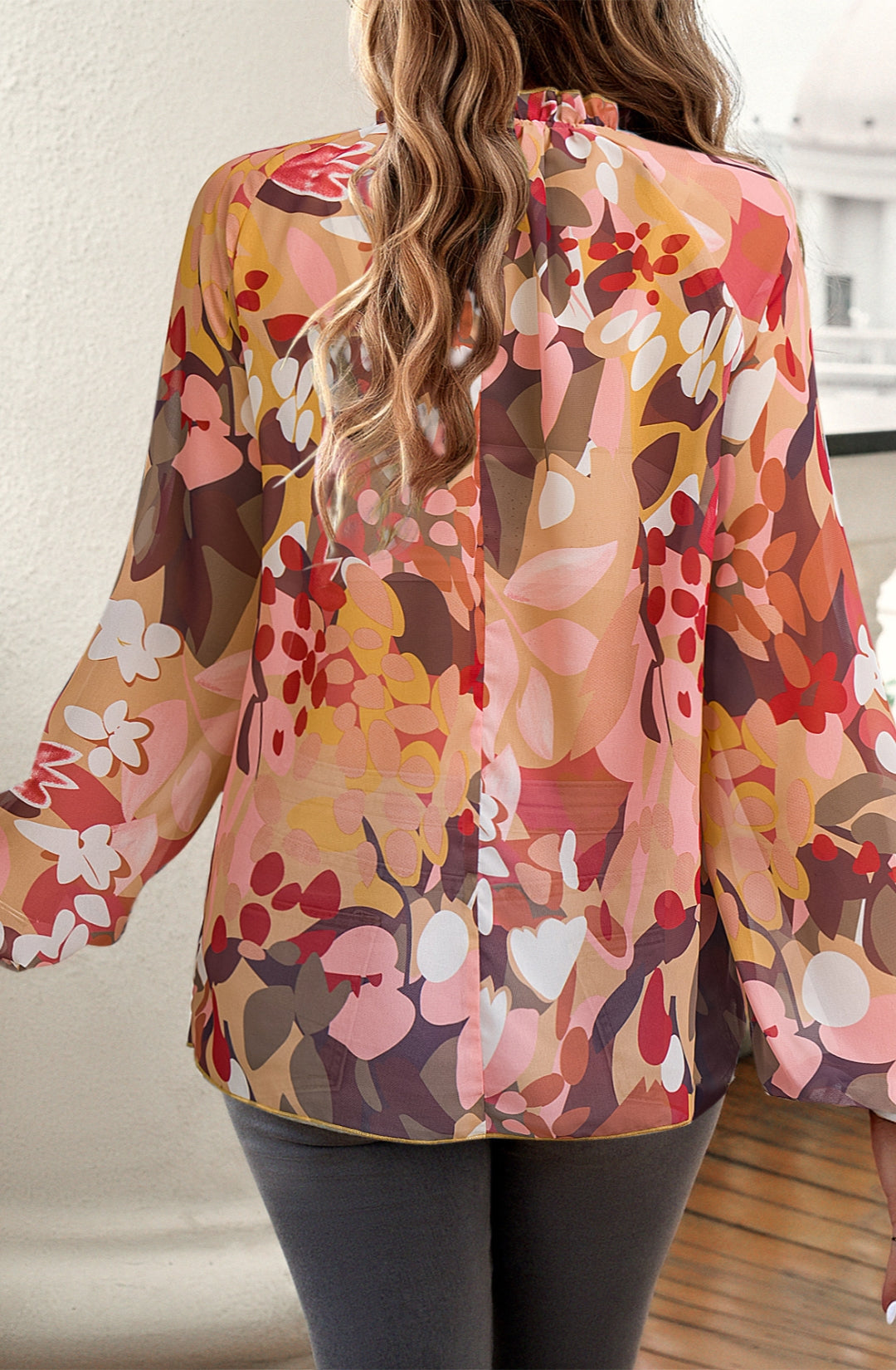 Abstract Floral Print Ruffle Neck Blouse