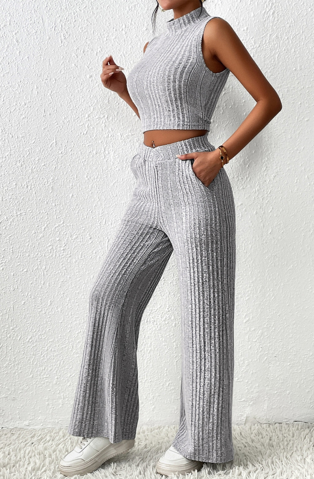 Conjunto de top y pantalón de punto texturizado