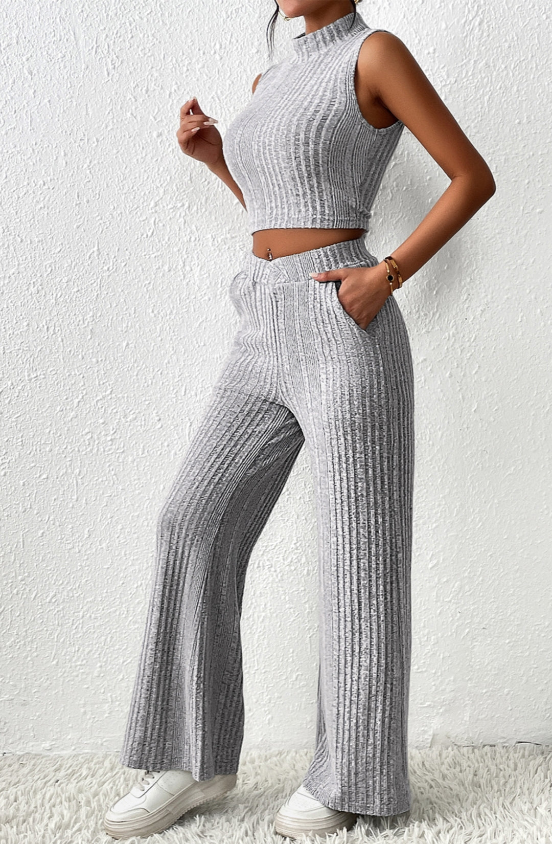 Conjunto de top y pantalón de punto texturizado
