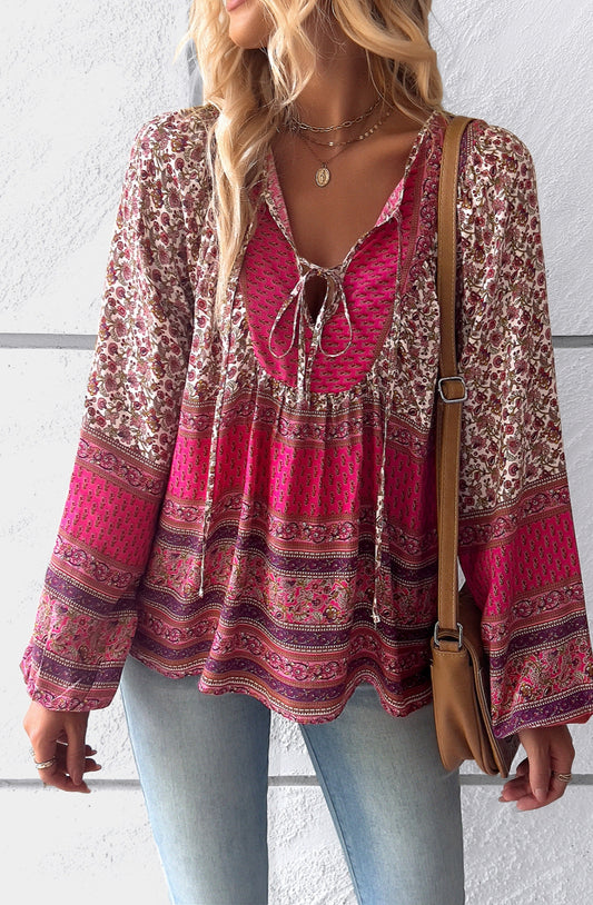 Double Tie V Neck Boho Blouse