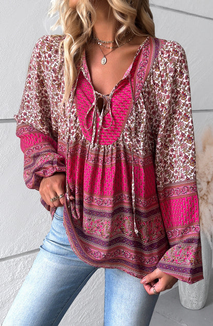 Double Tie V Neck Boho Blouse