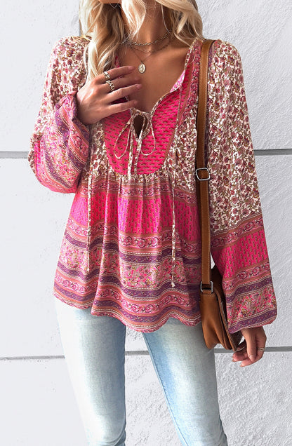 Double Tie V Neck Boho Blouse
