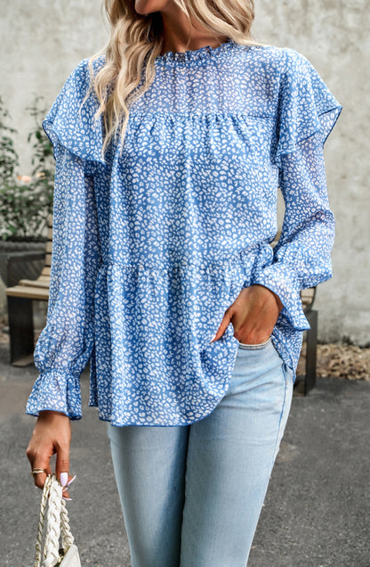 Leopard Print Ruffle Shoulder Blouse