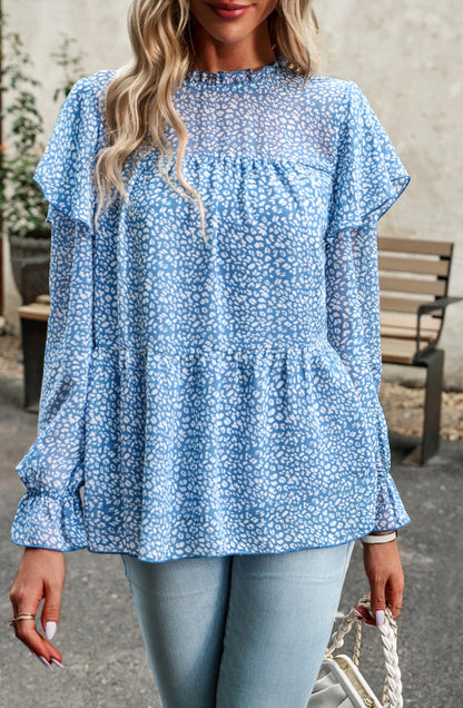 Leopard Print Ruffle Shoulder Blouse