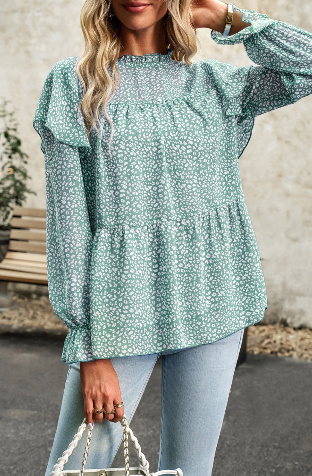 Leopard Print Ruffle Shoulder Blouse