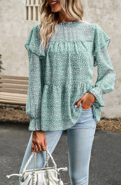 Leopard Print Ruffle Shoulder Blouse