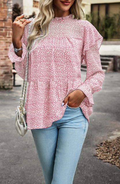 Leopard Print Ruffle Shoulder Blouse