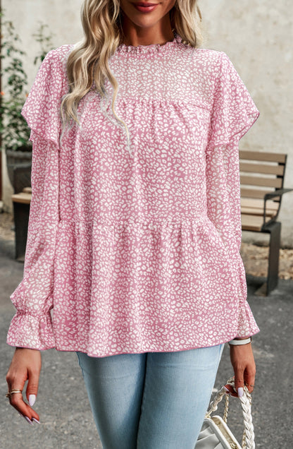 Leopard Print Ruffle Shoulder Blouse