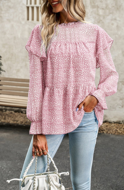 Leopard Print Ruffle Shoulder Blouse