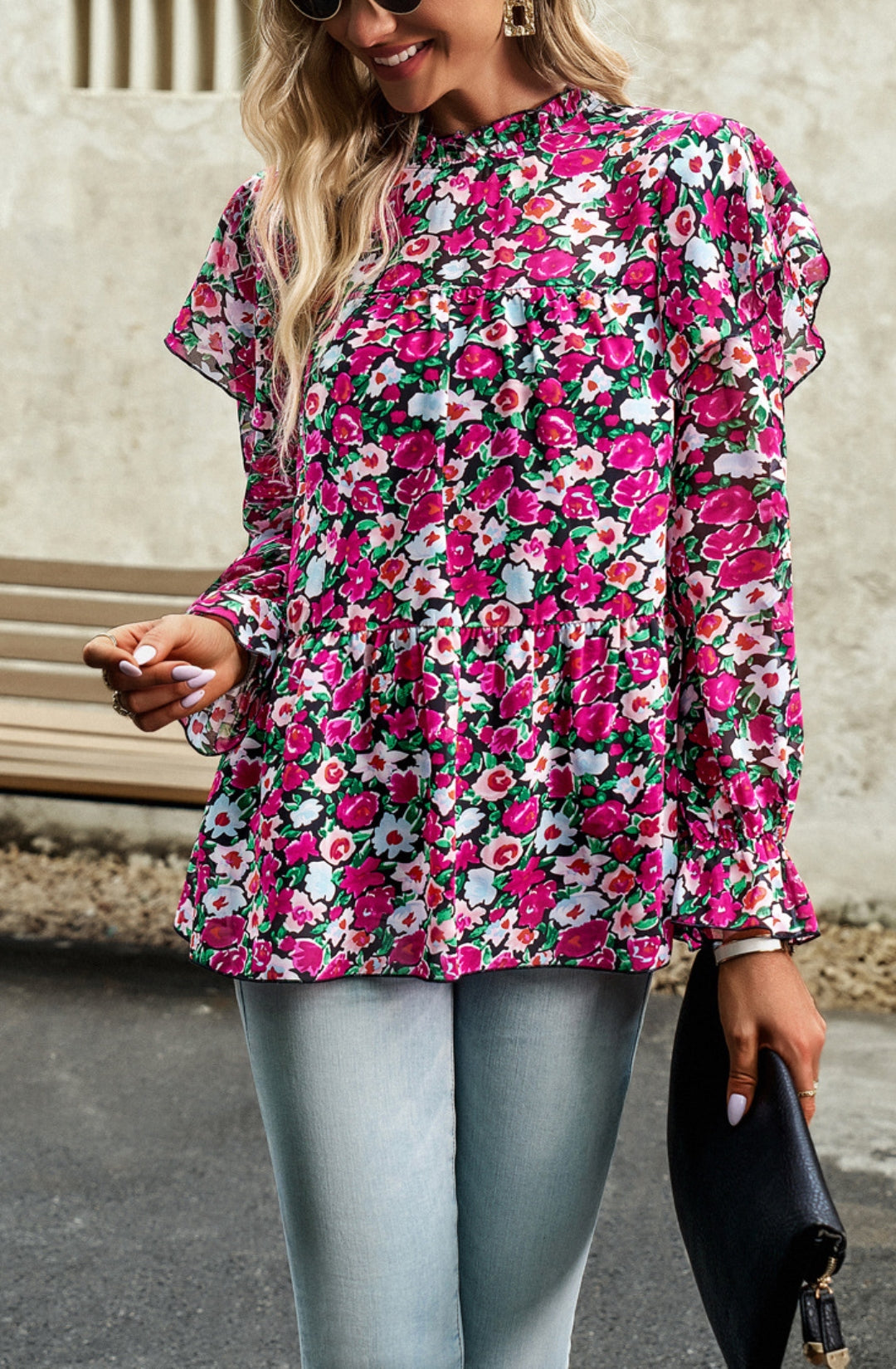 Leopard Print Ruffle Shoulder Blouse