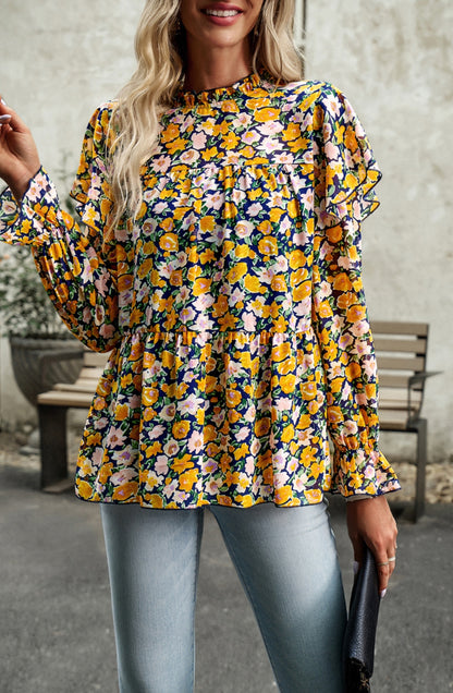 Leopard Print Ruffle Shoulder Blouse