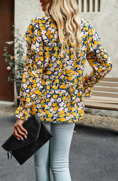 Leopard Print Ruffle Shoulder Blouse