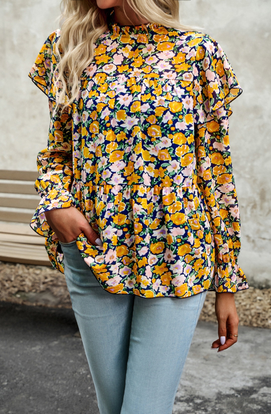 Leopard Print Ruffle Shoulder Blouse