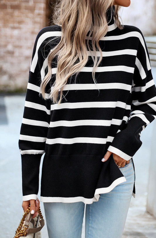 Turtleneck Striped Pattern Slit Sweater