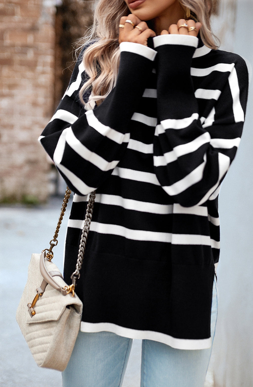 Turtleneck Striped Pattern Slit Sweater