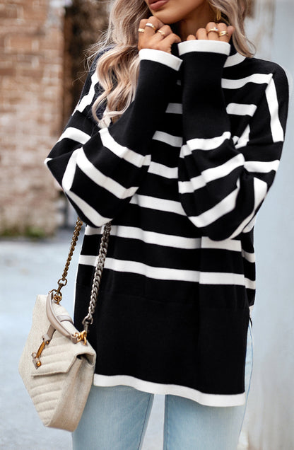Turtleneck Striped Pattern Slit Sweater