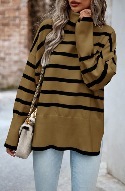 Turtleneck Striped Pattern Slit Sweater
