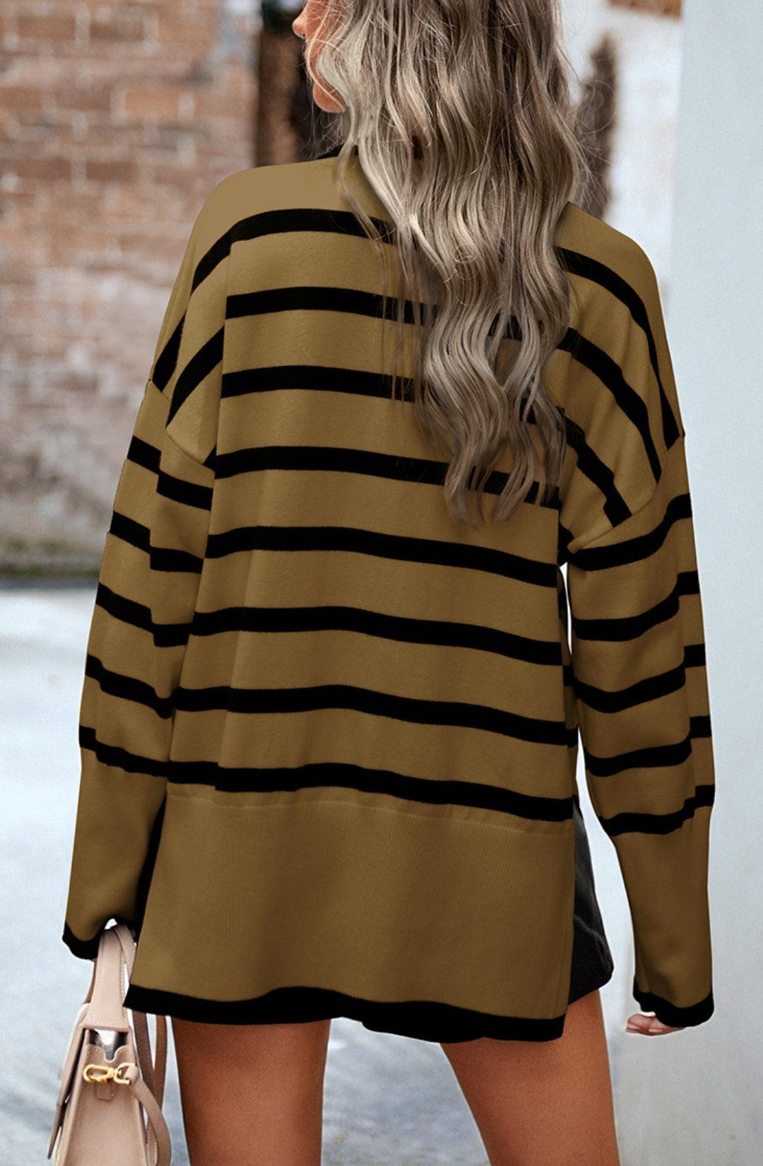 Turtleneck Striped Pattern Slit Sweater