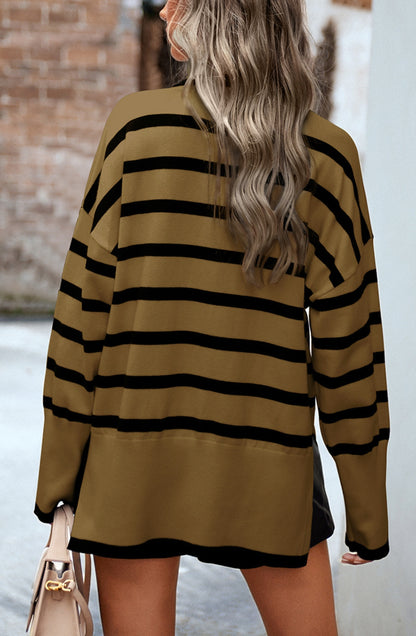 Turtleneck Striped Pattern Slit Sweater