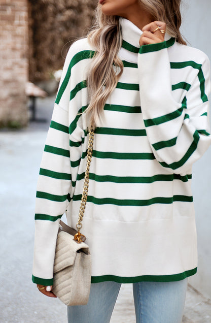 Turtleneck Striped Pattern Slit Sweater