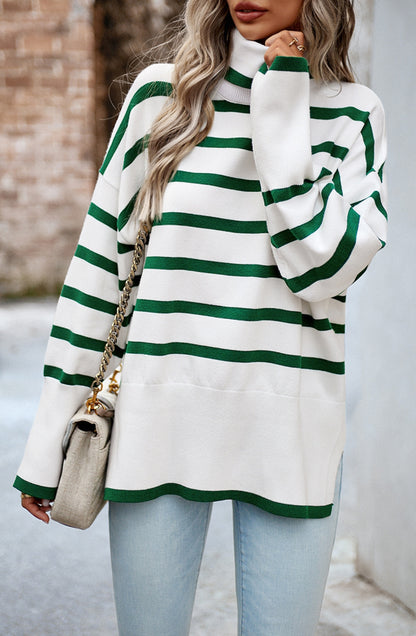 Turtleneck Striped Pattern Slit Sweater
