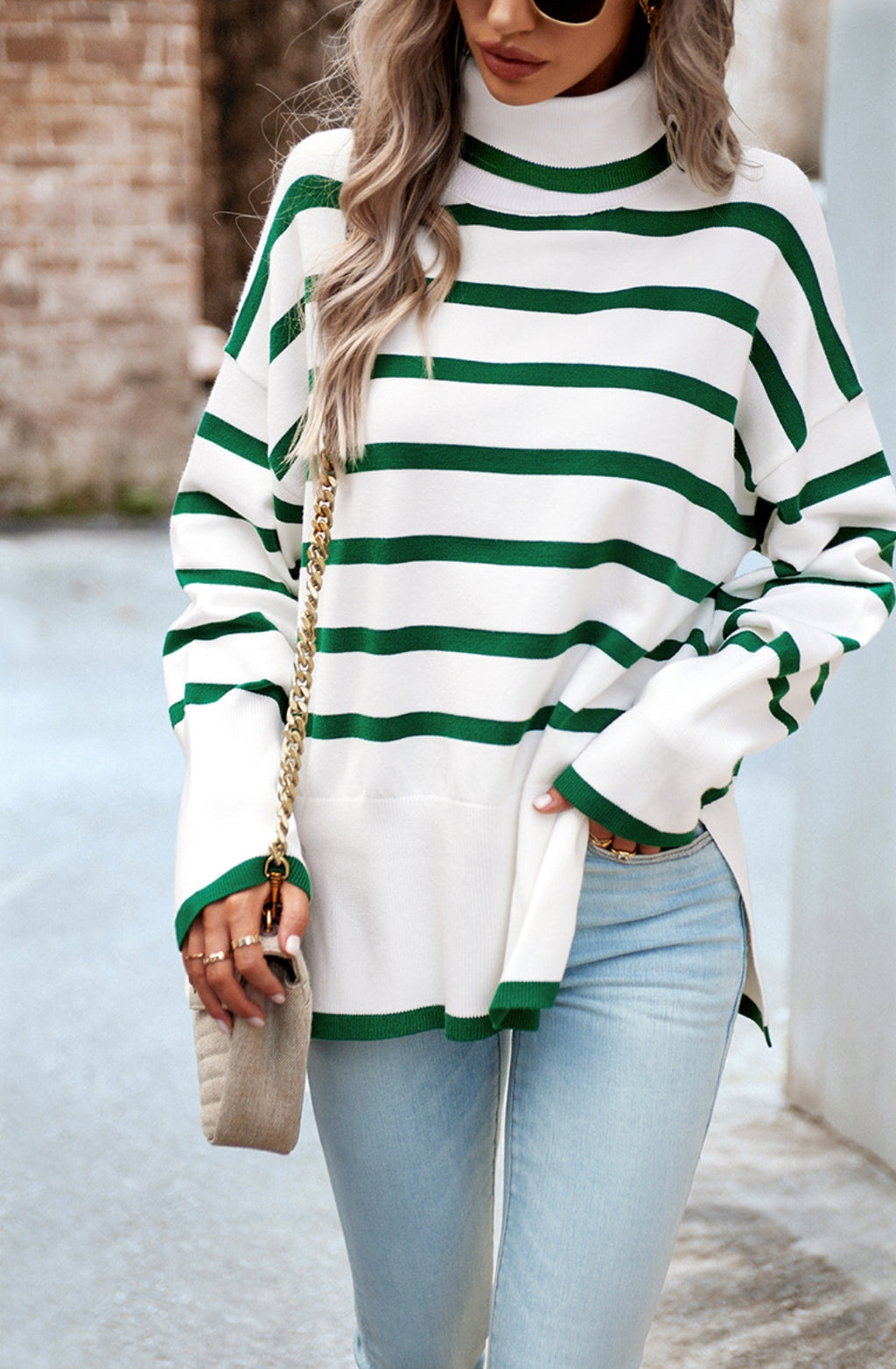 Turtleneck Striped Pattern Slit Sweater