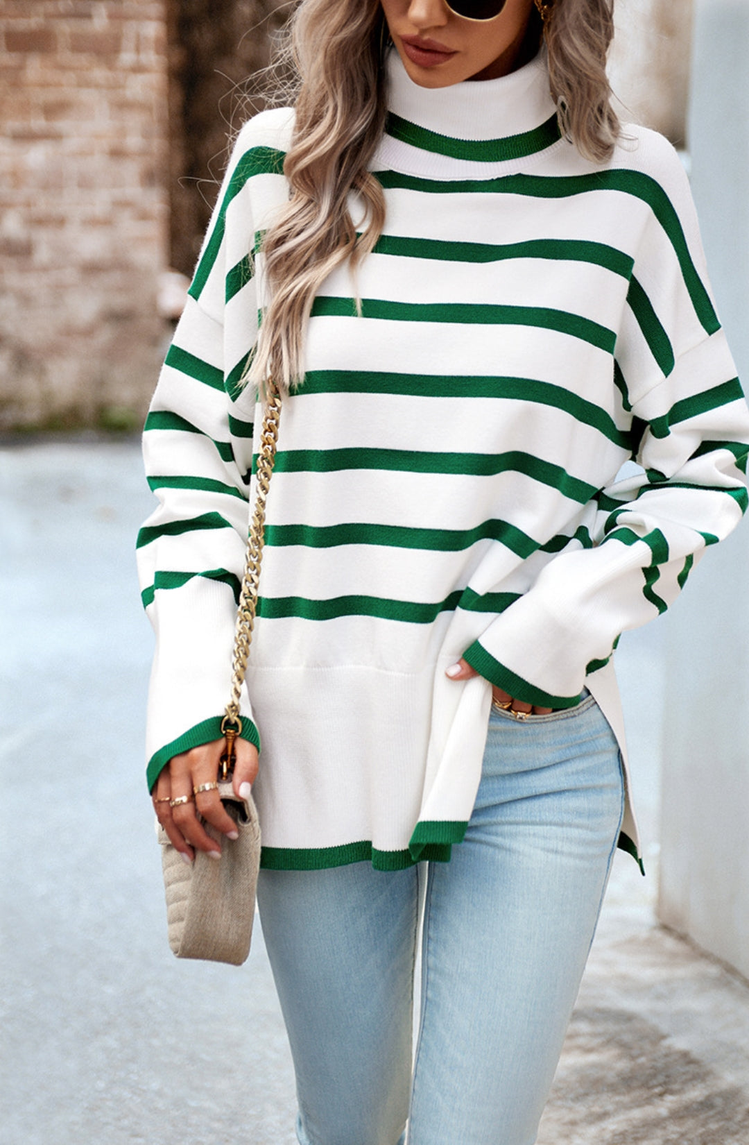 Turtleneck Striped Pattern Slit Sweater