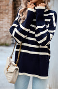 Turtleneck Striped Pattern Slit Sweater