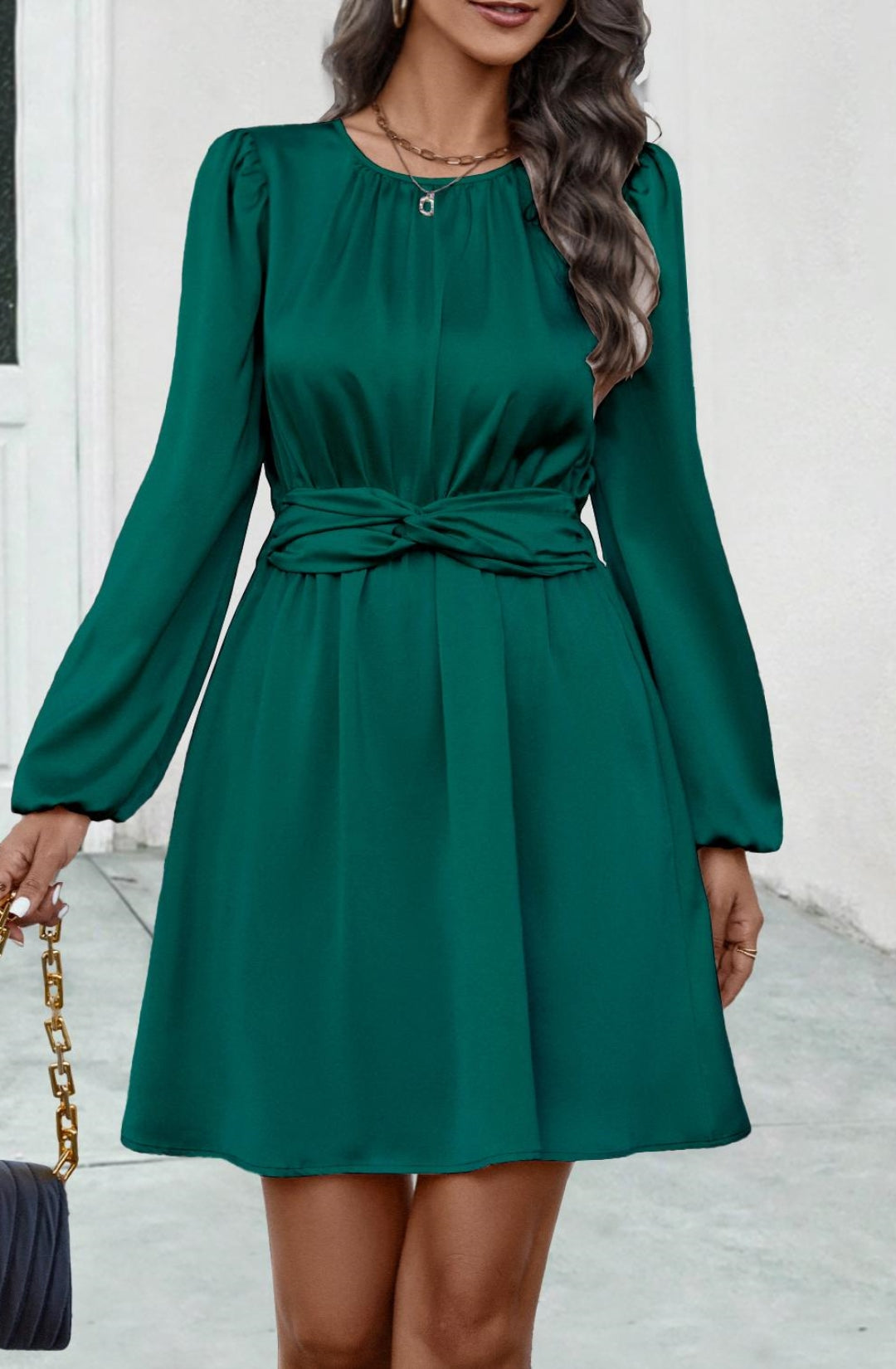 Pleated Detail Twist Waist Dress