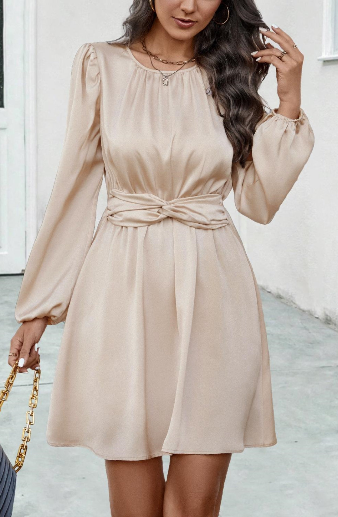 Pleated Detail Twist Waist Dress