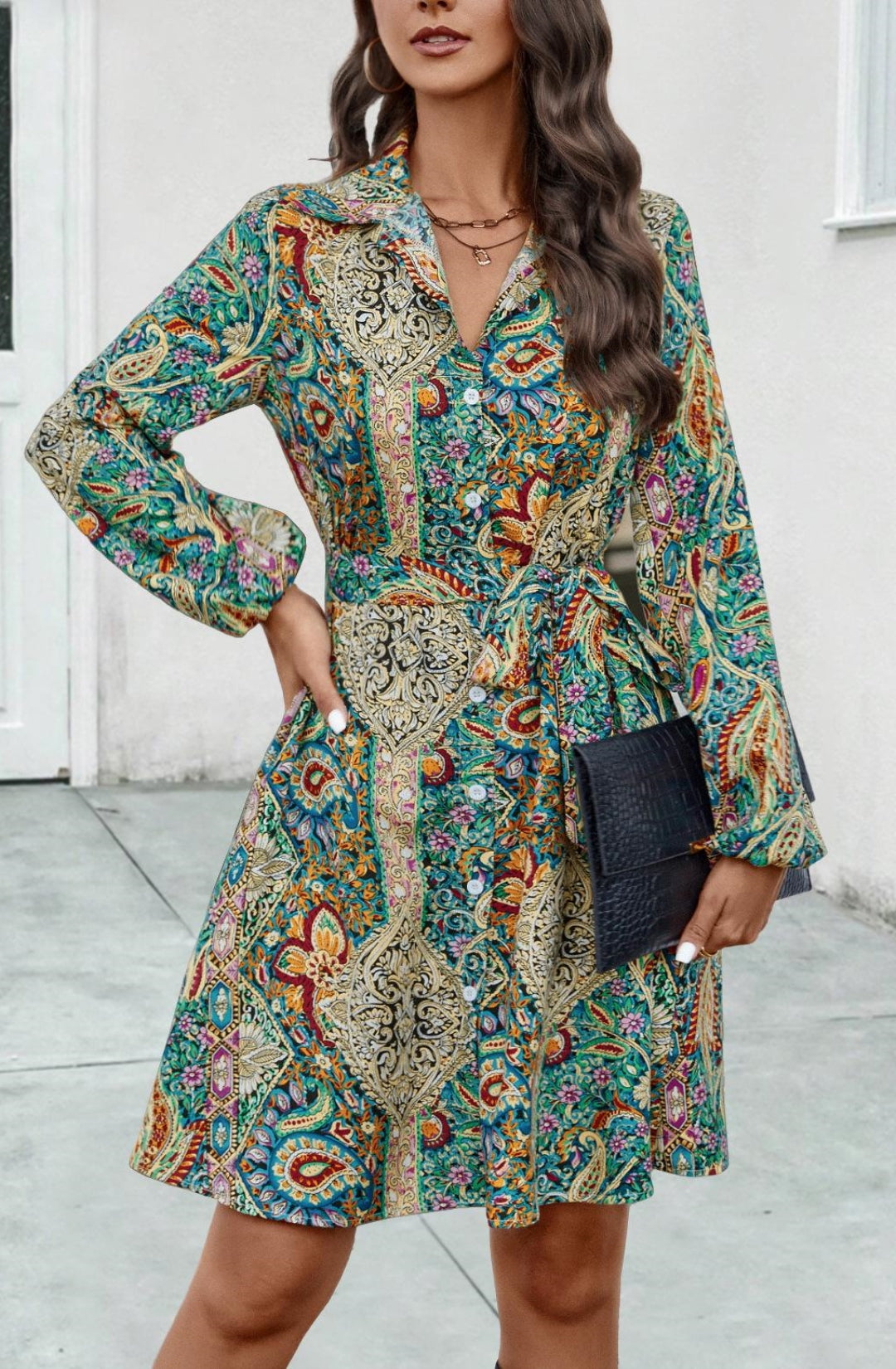 Vestido camisero con botones y estampado de cachemira