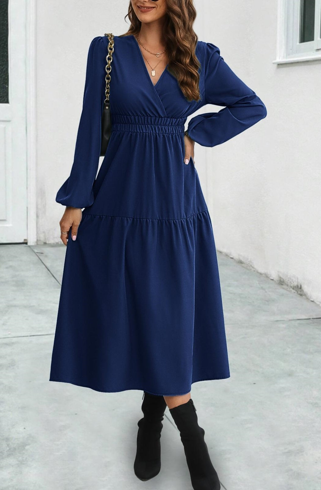 Solid Color Cinched Waist Midi Dress for Women Mid-Calf Length – Anna-Kaci