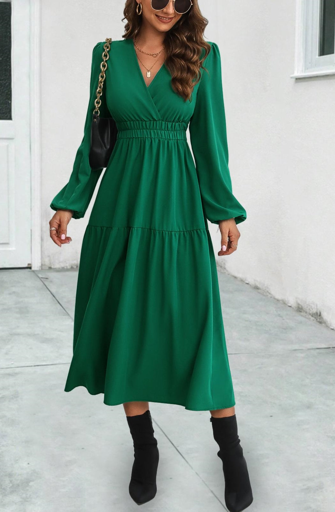 Solid Color Cinched Waist Midi Dress for Women Mid Calf Length Anna Kaci
