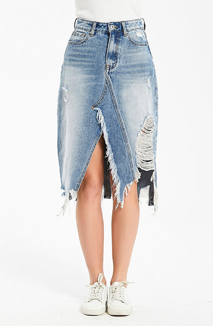 Asymmetrical Frayed Hem Denim Skirt