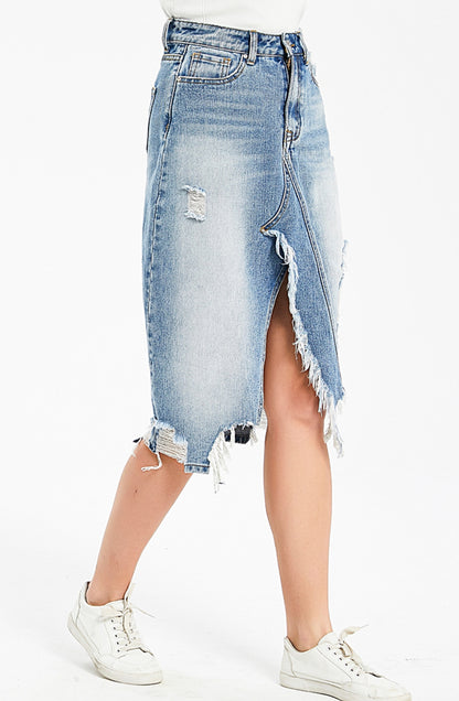 Asymmetrical Frayed Hem Denim Skirt