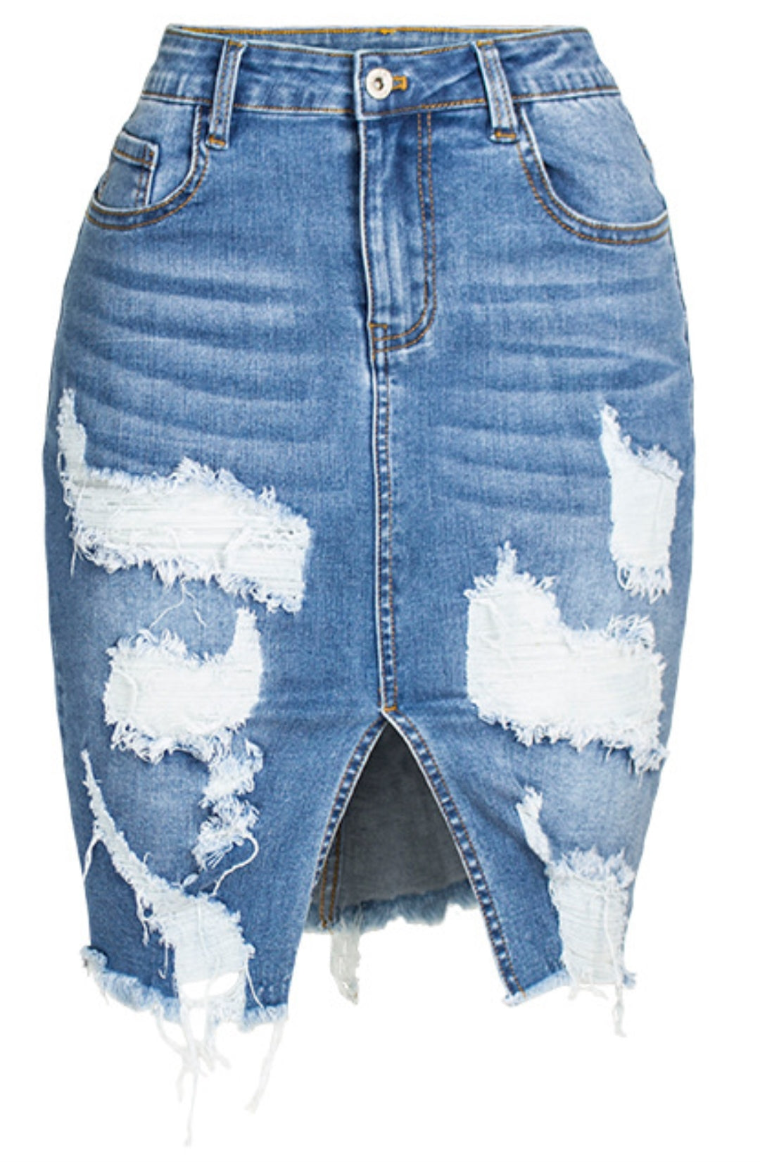 Distressed Denim Front Slit Skirt for Women Above Knee Distressed Denim Front Slit Skirt for Women Above Knee