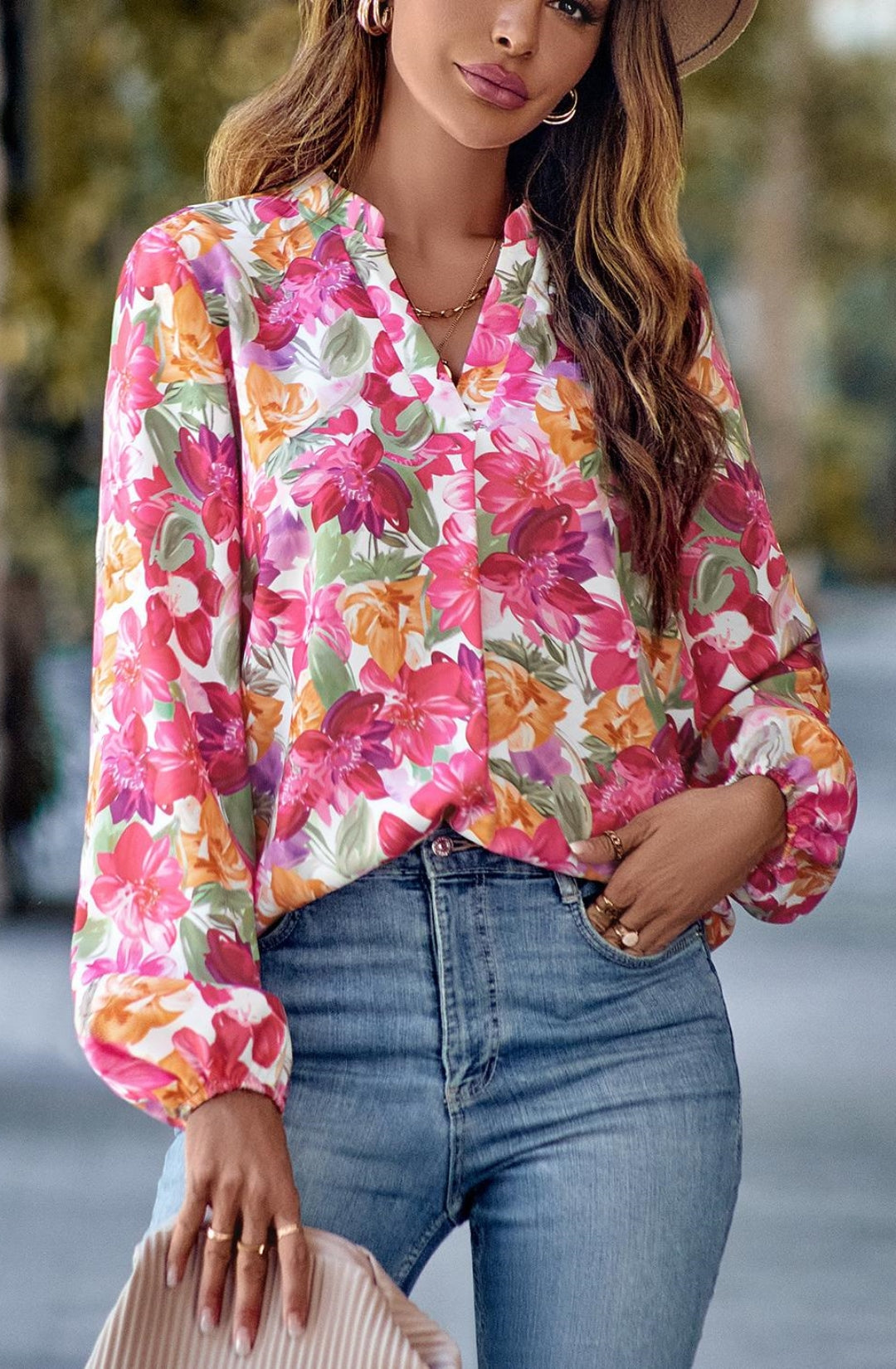 Multicolor Split V Neck Blouse
