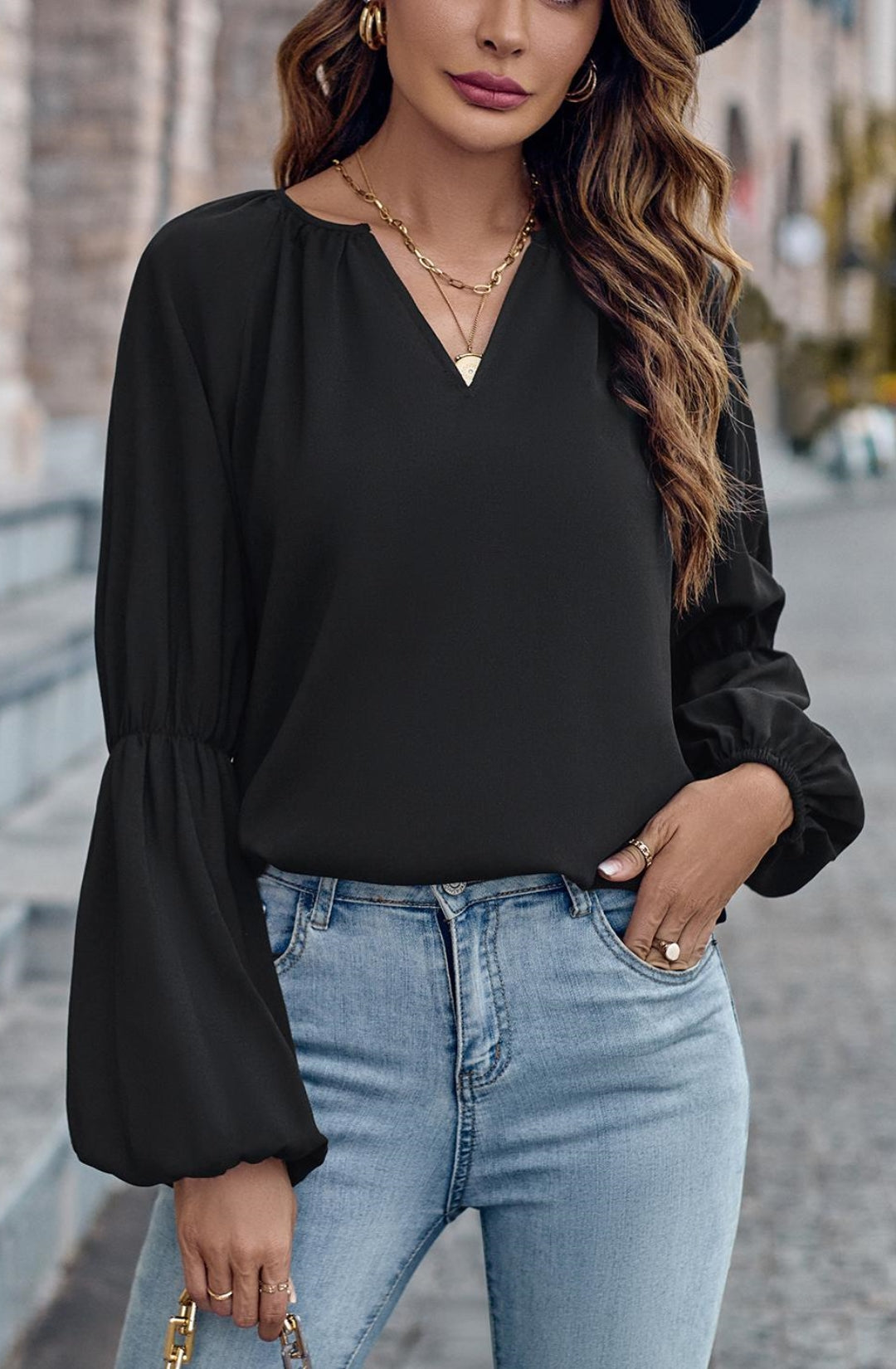 Solid Double Puff Sleeve Blouse