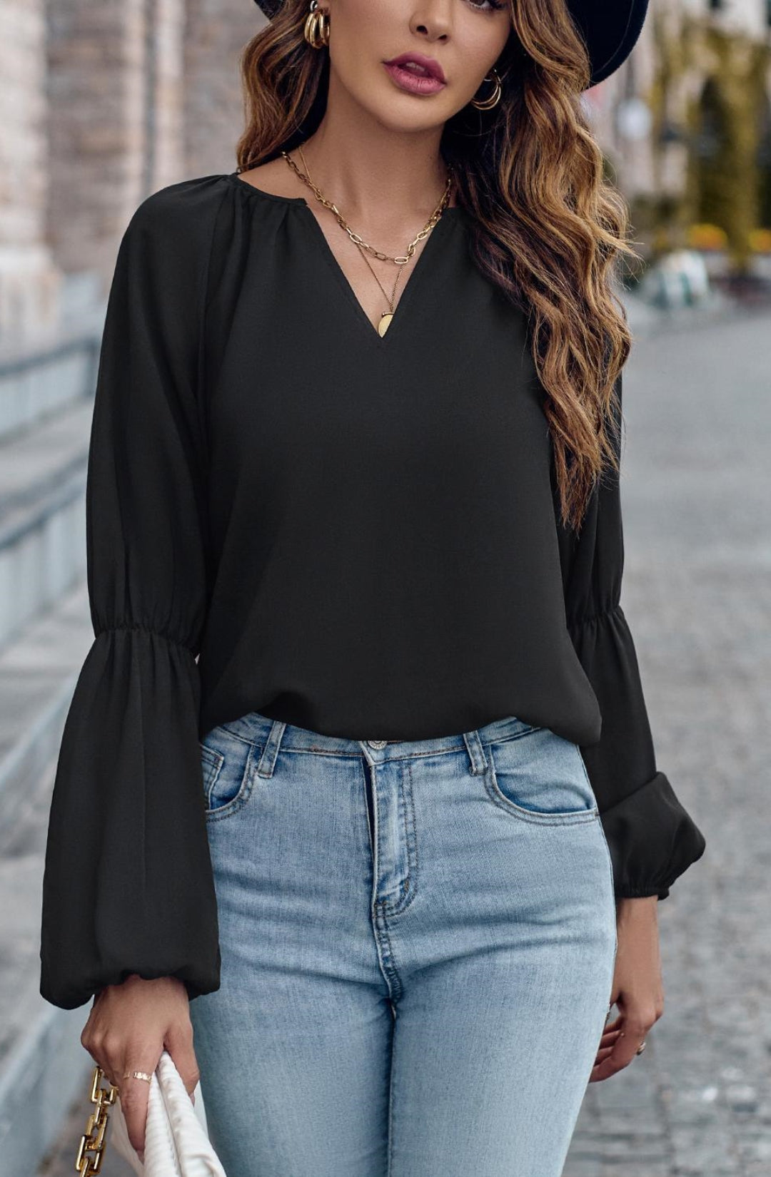 【新品】AMERI DOUBLE PUFF SLEEVE BLOUSE Solid Color Split V Neck Double Puff Long Sleeve Blouse for Women