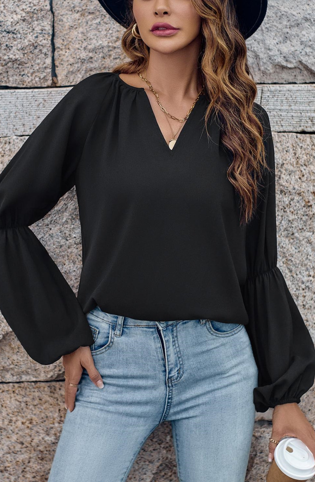 Solid Color Split V Neck Double Puff Long Sleeve Blouse for