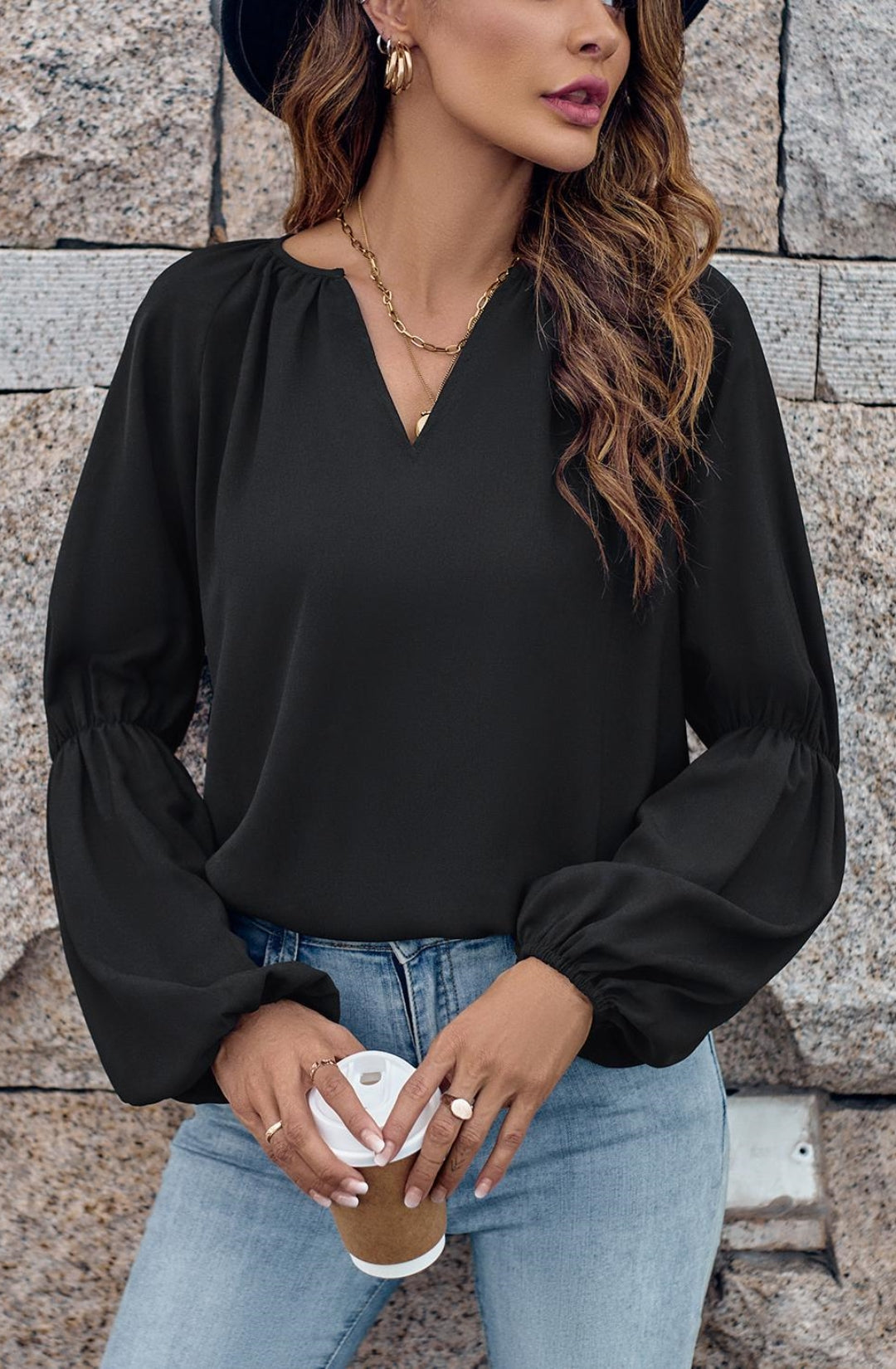 Blusa lisa con mangas abullonadas dobles