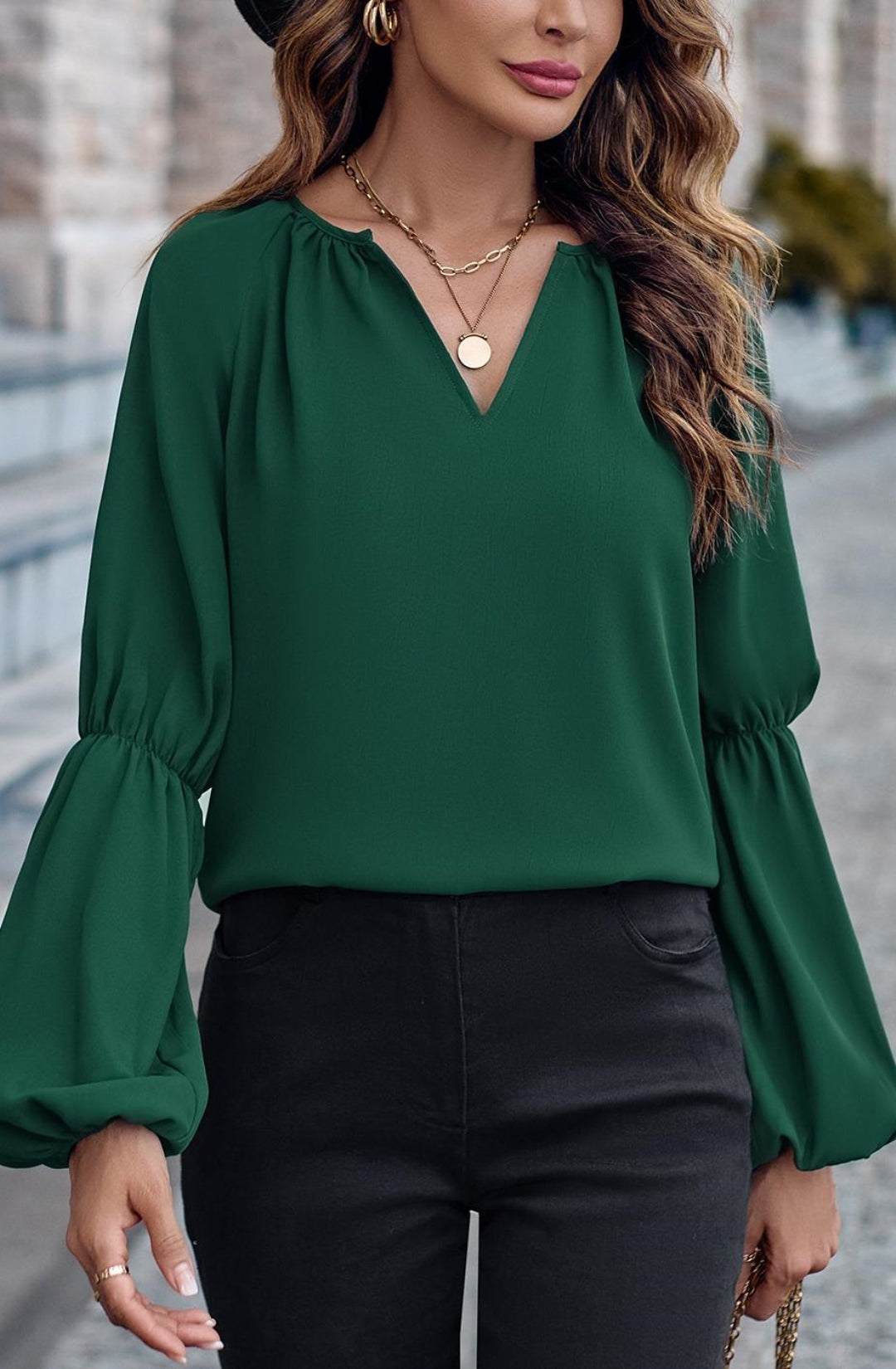 Solid Double Puff Sleeve Blouse