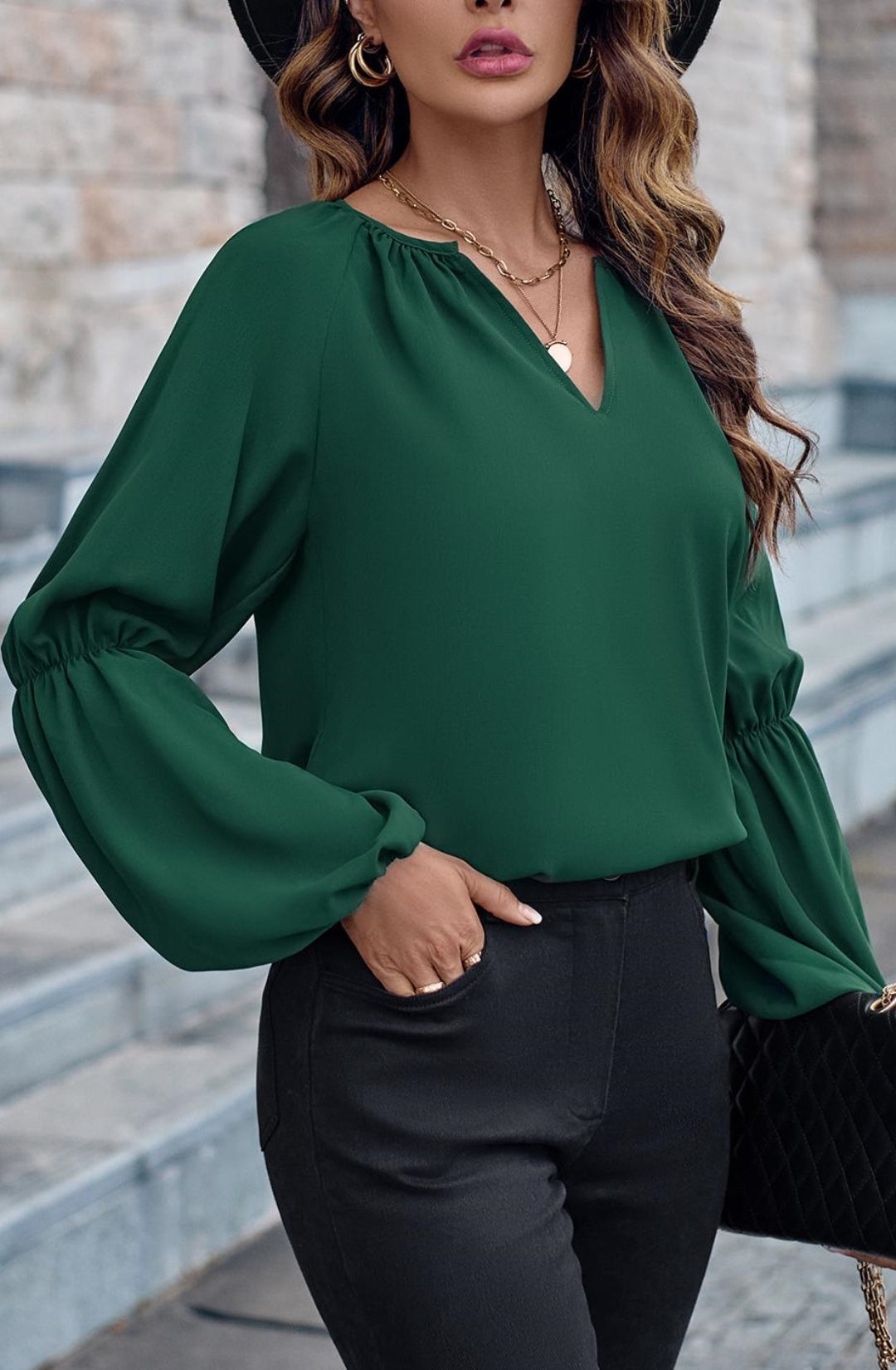 【新品】AMERI DOUBLE PUFF SLEEVE BLOUSE Solid Color Split V Neck Double Puff Long Sleeve Blouse for Women