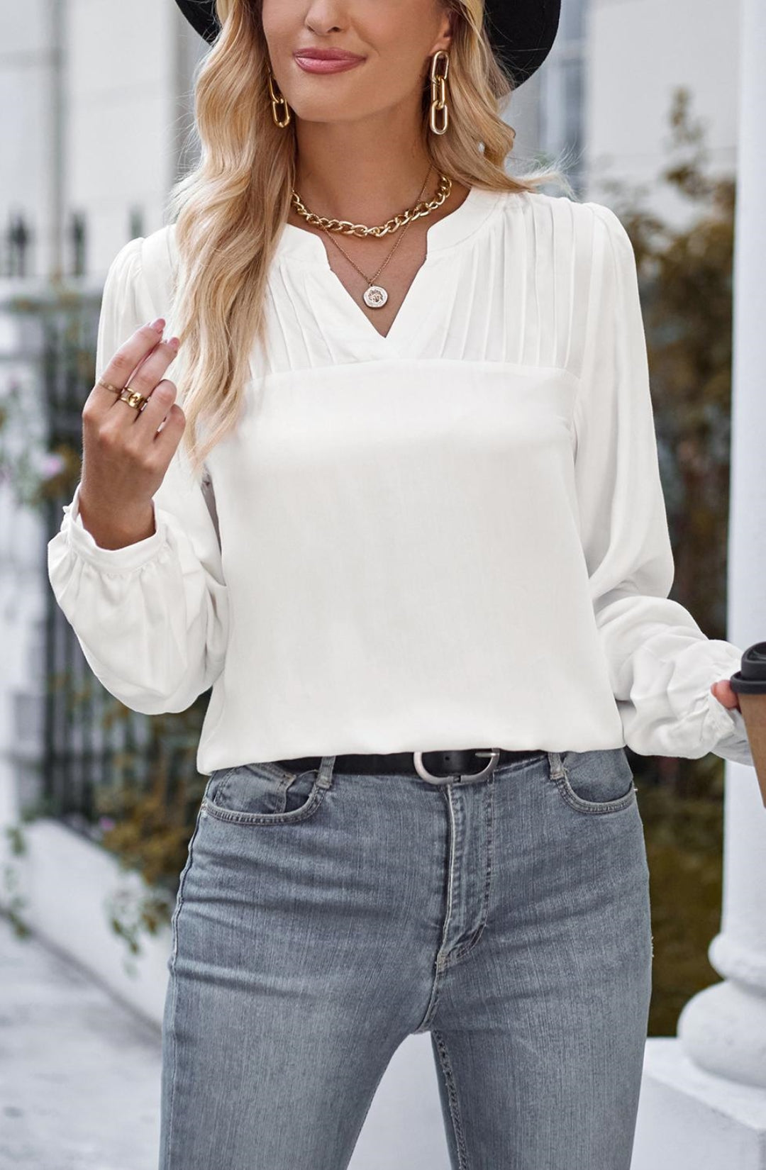 Pleated Detail Bishop Sleeve Blouse